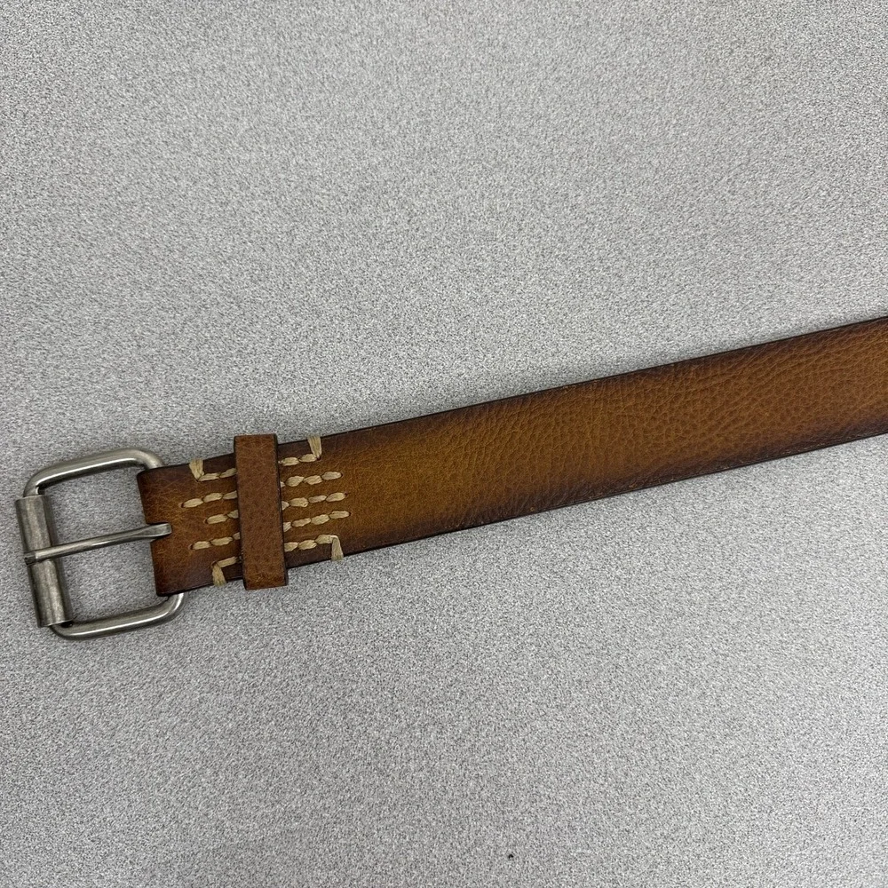 Bill Adler Leather Belt 38 Mens Brown Silver Buckle Stitched Casual Classic 1.5